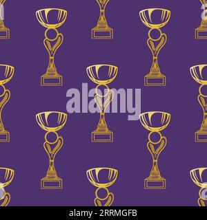 Cup winner seamless pattern. Sketch illustration. Gold on a purple background. Vector. Stock Vector