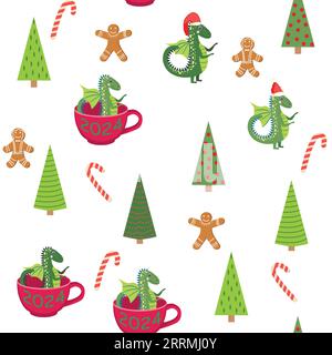 Seamless pattern with cute dragons Christmas design. Chinese New Year background with dragons for 2024. Stock Vector