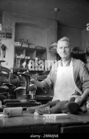 England. c.1960 – A cobbler posing for a photograph in his workshop. He is wearing an apron whilst holding a cobbler’s hammer and a boot. He is standing in front of a bench, mounted on which are a selection of steel shoe lasts and the shoes he is working on. In the background are specialist machinery and shelves containing shoes, and a variety of supplies. Stock Photo