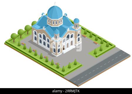 Isometric Synagogue Mosque Building. Synagogues are consecrated spaces used for the purpose of Jewish prayer, study, assembly, and reading of the Stock Vector