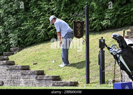 September 08, 2023: Robert Damron of the United States lines up his shot after his drop from the ball laying on the cart path next to the brick wall during the first round of the Ascension Charity Classic held at Norwood Hills Country Club in Jennings, MO Richard Ulreich/CSM Stock Photo