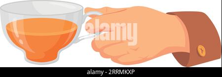 Glass cup of tea in human hand. Cartoon icon isolated on white background Stock Vector