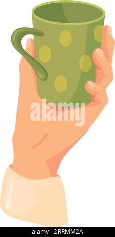 Cozy ceramic mug in human hand. Cartoon icon isolated on white background Stock Vector