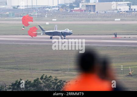 221107 -- GUANGZHOU, Nov. 7, 2022 -- A J-20 stealth fighter jet touches down after a training for the upcoming 14th Airshow China in Zhuhai, south China s Guangdong Province Nov. 5, 2022. The Chinese People s Liberation Army PLA Air Force will showcase an array of aircraft at the upcoming 14th Airshow China to be held from Nov. 8 to 13 in Zhuhai of Guangdong Province, a PLA Air Force spokesperson said on Sunday. Photo by /Xinhua CHINA-GUANGDONG-AIRSHOW-PREPARATION CN YuxHongchun PUBLICATIONxNOTxINxCHN Stock Photo