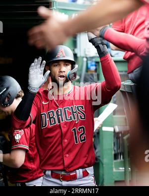 Arizona Diamondbacks' Corbin Carroll is greeted in the dugout after scoring  during the ninth inning of a baseball game against the Detroit Tigers,  Sunday, June 11, 2023, in Detroit. (AP Photo/Carlos Osorio