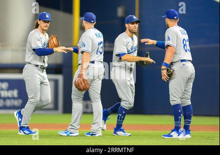 Miami, USA. 07th Sep, 2023. Miami, Florida, USA; Los Angeles Dodgers James Outman (33), May Muncy (13), Chris Taylor (3) and Mike Busch (83) celebrates a 10-0 win over the Miami Marlins at loanDepot Park on September 7, 2023. (Photo by Rick Munroe/Sipa USA) Credit: Sipa USA/Alamy Live News Stock Photo