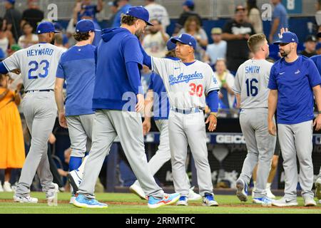 Miami, USA. 07th Sep, 2023. Sept 7, 2023; Miami, Florida, USA; Los Angeles Dodgers manager Dave Roberts (30) celebrates a 10-0 win over the Miami Marlins at loanDepot Park on September 7, 2023. (Photo by Rick Munroe/Sipa USA) Credit: Sipa USA/Alamy Live News Stock Photo