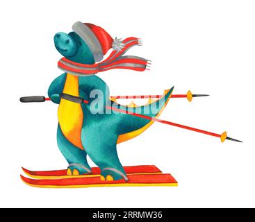 Cute child watercolour sport Dinosaur on red ski. Sports equipment. Hand drawn illustration isolated on white Stock Photo