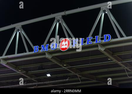 Toronto, ON, Canada – August 17, 2023: The logo and brand sign of BMO Field Sport Arena Stock Photo