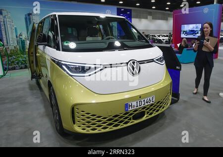 Vancouver, Canada. 8th Sep, 2023. A Volkswagen ID. Buzz electric van is displayed at the Fully Charged Live show in Vancouver, British Columbia, Canada, on Sept. 8, 2023. Showcasing the latest electric vehicles and clean energy solutions, the Fully Charged Live show is held from Sept. 8 to Sept. 10. Credit: Liang Sen/Xinhua/Alamy Live News Stock Photo