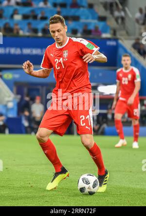Moscow, Russia - June 27, 2018. Serbia national football team midfielder Nemanja Matic in action during FIFA World Cup 2018 match Serbia vs Brazil (0- Stock Photo