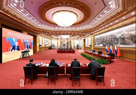 221230 -- BEIJING, Dec. 30, 2022 -- Chinese President Xi Jinping meets with Russian President Vladimir Putin via video link in Beijing, capital of China, Dec. 30, 2022.  CHINA-BEIJING-XI JINPING-PUTIN-MEETING CN ShenxHong PUBLICATIONxNOTxINxCHN Stock Photo