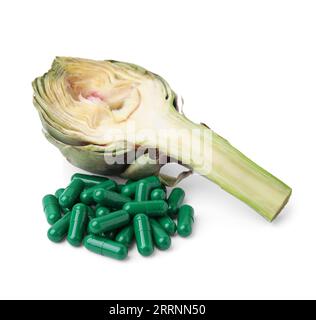 Fresh artichoke and pills isolated on white Stock Photo