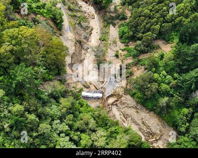 Neuseeland, schwere Überschwemmungen 230217 -- WELLINGTON, Feb. 17, 2023 -- This aerial photo provided by the New Zealand Defense Force  on Feb. 16, 2023 shows the flood scene in Hawke s Bay, New Zealand. Unprecedented floods and landslides have left eight people dead and more than 3,500 others missing as Cyclone Gabrielle lashes New Zealand s North Island this week. /Handout via Xinhua NEW ZEALAND-CYCLONE GABRIELLE-AFTERMATH NZDF PUBLICATIONxNOTxINxCHN Stock Photo