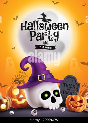 Monster pumpkins invite to Halloween party,banner, poster, greeting card.  Cute characters with speech bubble,spider, web and bat. Vegetables in  different poses,template for design.Vector illustration. Stock Vector