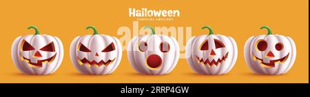 Pumpkins halloween vector set design. Halloween pumpkin white collection in scary, spooky and creepy facial expression for horror squash elements. Stock Vector