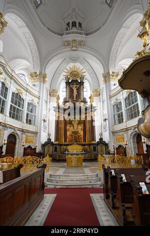 Hamburg, Germany - June 15 2023: Michaelis Kirche or Saint Michaels Church Baroque Protestant Interior with Altar and Pulpit Stock Photo