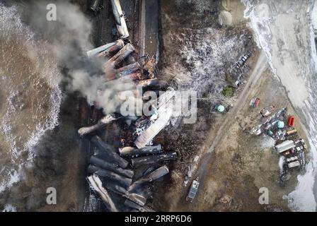 230224 -- WASHINGTON, Feb. 24, 2023 -- This video screenshot released by the U.S. National Transportation Safety Board  shows the site of a derailed freight train in East Palestine, Ohio, the United States. TO GO WITH Roundup: U.S. agency releases report on Ohio train derailment but questions, concerns linger /Handout via Xinhua U.S.-OHIO TRAIN DERAILMENT-PRELIMINARY REPORT NTSB PUBLICATIONxNOTxINxCHN Stock Photo