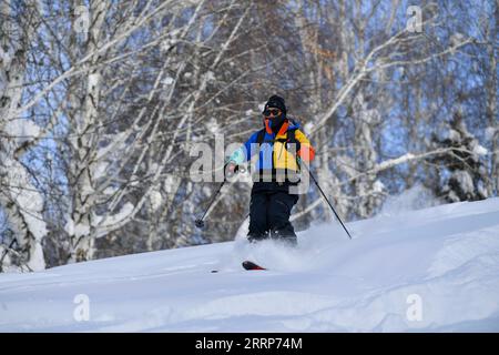 230226 -- URUMQI, Feb. 26, 2023 -- Peng Chao skis at the village of Hemu in Altay, northwest China s Xinjiang Uygur Autonomous Region, on Jan. 14, 2023. With its high-quality snow conditions, Xinjiang in northwest China has built a number of high-standard ski resorts and become a new hotspot for winter sports. The snow season in Altay, which is located in the northernmost part of Xinjiang, can last up to seven months, making it a heaven for winter sports lovers. At the beginning of the snow season in 2021, Beijing-based skier Peng Chao rented a cabin in the village of Hemu in the Altay Mountai Stock Photo