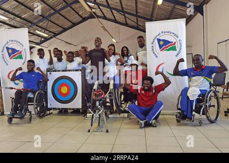 230308 -- WINDHOEK, March 8, 2023 -- Participants pose for photos during the first ever Para Sport Festival held in Windhoek, Namibia, on March 7, 2023. TO GO WITH Namibia hosts first para sport festival to attract new talent, drive inclusivity Photo by /Xinhua SPNAMIBIA-WINDHOEK-NNPC-PARA SPORT FESTIVAL NdalimpingaxIita PUBLICATIONxNOTxINxCHN Stock Photo