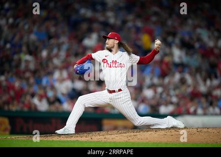 Philadelphia Phillies' Matt Strahm reacts during a baseball game, Sunday,  Sept. 10, 2023, in Philadelphia. (AP Photo/Matt Slocum Stock Photo - Alamy