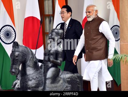 230320 -- NEW DELHI, March 20, 2023 -- Indian Prime Minister Narendra Modi R meets with Japanese Prime Minister Fumio Kishida at Hyderabad House in New Delhi, India, March 20, 2023. Str/Xinhua INDIA-NEW DELHI-JAPAN-PRIME MINISTER-MEETING Stringer PUBLICATIONxNOTxINxCHN Stock Photo