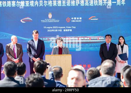 230320 -- NOVI SAD, March 20, 2023 -- Chinese Ambassador to Serbia Chen Bo 3rd L addresses a ceremony in celebration of the first anniversary of the operation of the Belgrade-Novi Sad section of the Belgrade-Budapest Railway in Novi Sad, Serbia, on March 19, 2023. The Chinese-built Belgrade-Novi Sad high-speed railway marked its first anniversary on Sunday, having transported nearly 3 million people between Serbia s two largest cities since operation last year. Photo by /Xinhua SERBIA-NOVI SAD-BELGRADE-BUDAPEST RAILWAY-ANNIVERSARY WangxWei PUBLICATIONxNOTxINxCHN Stock Photo