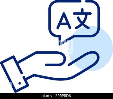 Hand holding translation symbols on a speech bubble. Pixel perfect icon Stock Vector