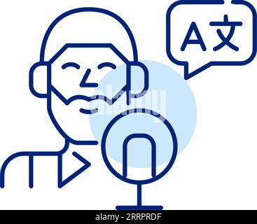 Bearded man with studio microphone and translation symbol. Language learning podcast. Pixel perfect icon Stock Vector