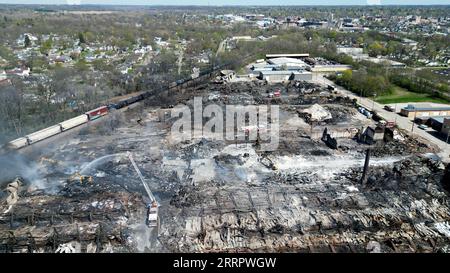 230414 -- RICHMOND, April 14, 2023 -- This aerial photo taken on April 13, 2023 shows an industrial site after fire in Richmond, Indiana, the United States. More than 2,000 people have been ordered to evacuate their home after a fire broke out Tuesday at an industrial site in Richmond, a city about 70 miles east of Indianapolis, U.S. Midwestern state of Indiana. Photo by /Xinhua U.S.-RICHMOND-PLASTICS FACILITY-FIRE ShixLei PUBLICATIONxNOTxINxCHN Stock Photo