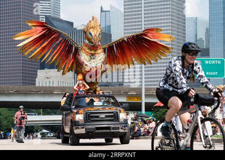 230416 -- HOUSTON, April 16, 2023 -- An art car participates in the 36th Houston Art Car Parade in Houston, Texas, the United States, April 15, 2023. The yearly event gathered over 250 art cars and other exhibits, drawing in more than 250,000 spectators. The parade showcased a diverse range of wheeled vehicles, including bicycles, unicycles, lawnmowers, cars, and go-karts. Photo by /Xinhua U.S.-HOUSTON-ART CAR PARADE ChenxChen PUBLICATIONxNOTxINxCHN Stock Photo