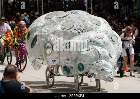 230416 -- HOUSTON, April 16, 2023 -- An art bike participates in the 36th Houston Art Car Parade in Houston, Texas, the United States, April 15, 2023. The yearly event gathered over 250 art cars and other exhibits, drawing in more than 250,000 spectators. The parade showcased a diverse range of wheeled vehicles, including bicycles, unicycles, lawnmowers, cars, and go-karts. Photo by /Xinhua U.S.-HOUSTON-ART CAR PARADE ChenxChen PUBLICATIONxNOTxINxCHN Stock Photo