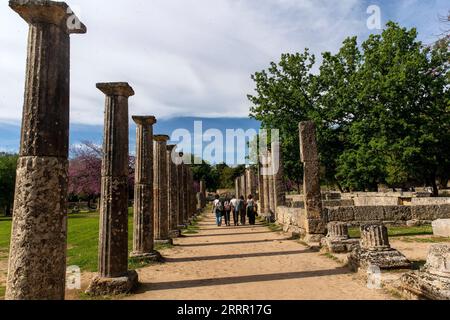 230424 -- ATHENS, April 24, 2023 -- Tourists visit the archaeological site of Olympia in Ancient Olympia on the Peloponnese peninsula in Greece, April 21, 2023.  GREECE-ANCIENT OLYMPIA-ARCHAEOLOGICAL SITE-TOURISM MariosxLolos PUBLICATIONxNOTxINxCHN Stock Photo