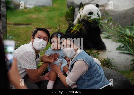 230430 -- HONG KONG, April 30, 2023 -- Tourists pose for photos with giant panda Yingying at Ocean Park Hong Kong, south China s Hong Kong, April 19, 2023. On a spring morning, Hong Kong Observatory issued a rainstorm alert. At Ocean Park Hong Kong, as soon as they arrived at work at 8:00 a.m., the caretakers rushed to check out the situation of Lele and Yingying, two 17-year-old giant pandas, as they might be disturbed by the adverse weather. The two plump and fluffy creatures just woke up and lay cozily in the dormitory, where the temperature was kept between 18 to 24 degrees Celsius. The ex Stock Photo