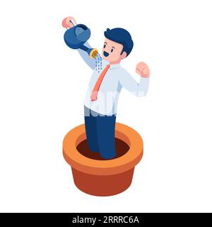 Flat 3d Isometric Businessman in Flowerpot Watering Himself. Self Improvement and Personal Development Concept. Stock Vector