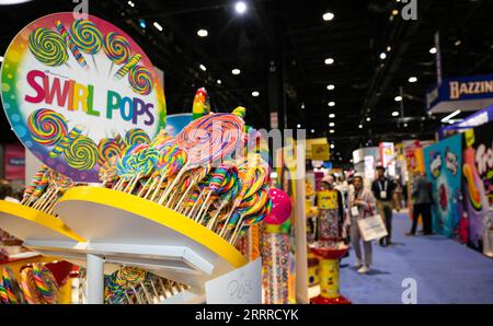 230523 -- CHICAGO, May 23, 2023 -- Lollipops are seen at the Sweets and Snacks Expo in Chicago, the United States, on May 23, 2023. The 2023 Sweets and Snacks Expo is held at McCormick Place in Chicago from May 22 to May 25. Photo by /Xinhua U.S.-CHICAGO-SWEETS AND SNACKS EXPO VincentxD.xJohnson PUBLICATIONxNOTxINxCHN Stock Photo