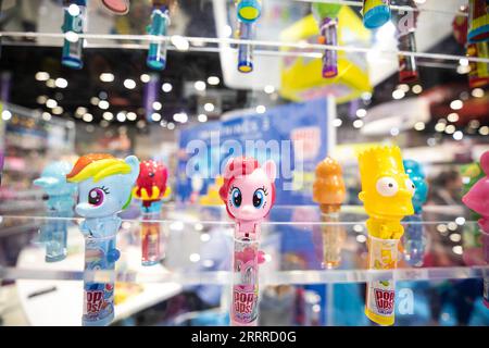 230523 -- CHICAGO, May 23, 2023 -- An assortment of popular characters made into Pop Ups lollipops are on display at the Sweets and Snacks Expo in Chicago, the United States, on May 23, 2023. The 2023 Sweets and Snacks Expo is held at McCormick Place in Chicago from May 22 to May 25. Photo by /Xinhua U.S.-CHICAGO-SWEETS AND SNACKS EXPO VincentxD.xJohnson PUBLICATIONxNOTxINxCHN Stock Photo