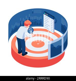 Flat 3d Isometric Businessman use Magnifying Glass Analyze Target. Target Analysis Concept. Stock Vector