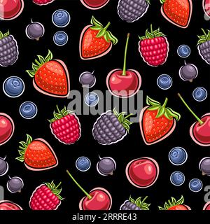 Vector Berry Seamless Pattern, dark repeat background with cut out different juicy berries for decorative wrapping paper, square poster with group of Stock Vector