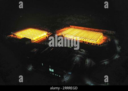 230525 -- GUIYANG, May 25, 2023 -- This aerial photo taken on May 23, 2023 shows a view of night light supplement in a seedling greenhouse in Kaiyang County of Guiyang, southwest China s Guizhou Province. In recent years, relying on the development of big data, Guizhou Province has accelerated the promotion and application of new models of smart agriculture, so as to improve agricultural production efficiency.  CHINA-GUIZHOU-AGRICULTURE-BIG DATA CN YangxWenbin PUBLICATIONxNOTxINxCHN Stock Photo