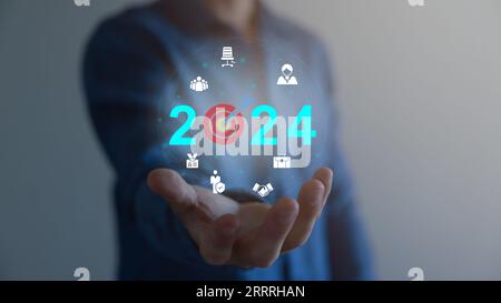 2024 planning creative, idea, innovation, motivation planning development leadership and customer target group concept. Stock Photo