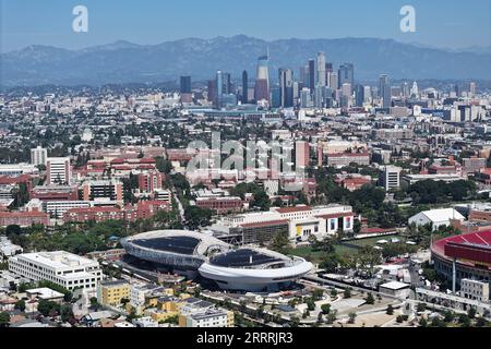 A general overall aerial view of the Lucas Museum of Narrative Art construction site and the downtown Los Angeles skyline, Friday, Sept. 8, 2023, Stock Photo