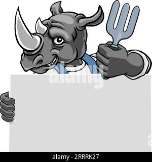 Gardener Rhino Cartoon Handyman Tool Mascot Stock Vector