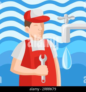 Plumber in uniform with wrench during plumbing service works with water on background Stock Vector