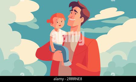 Father's day flat design, Dad holding baby illustration isolated from background, blue sky with clouds Stock Vector