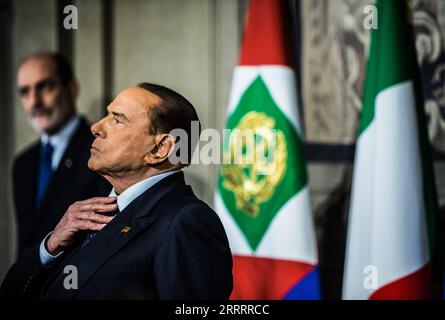230612 -- ROME, June 12, 2023 -- This file photo shows former Italian Prime Minister Silvio Berlusconi front attending a press conference at the Quirinale Palace in Rome, capital of Italy, on April 12, 2018. Berlusconi died Monday at the age of 86 at the San Raffaele hospital in Milan, the press office of his political party Forza Italia confirmed.  ITALY-FORMER PM-SILVIO BERLUSCONI-DEATH JinxYu PUBLICATIONxNOTxINxCHN Stock Photo