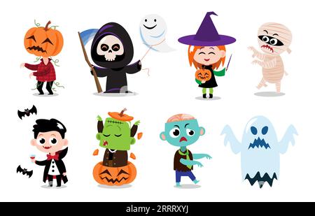 Cute halloween cartoon characters . White isolated background . Vector . Set 3 of 4 . Stock Vector