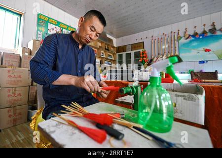 230622 -- CHANGCHUN, June 22, 2023 -- Rong Fengming makes a broom handicraft at home in Yushutai Town of Siping City, northeast China s Jilin Province, June 21, 2023. Rong Fengming, 63, is a local broom making handicraftsman living in Yushutai Town of Siping City in northeast China s Jilin. Till now, the making skills of traditional broom have been passed down in Rong s family for six generations. The broom handicrafts Rong has made range from over 4-meter-long large brooms to tiny brooms used as decorations. As a cleaning tool created by ancient Chinese with a long history, the broom has carr Stock Photo