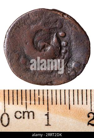Copper coins of the Golden Horde. Number 22 2. Macro. Isolated on white Stock Photo