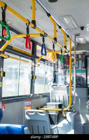 Interior view of the bus with hand grip, in Seoul, South Korea Stock Photo